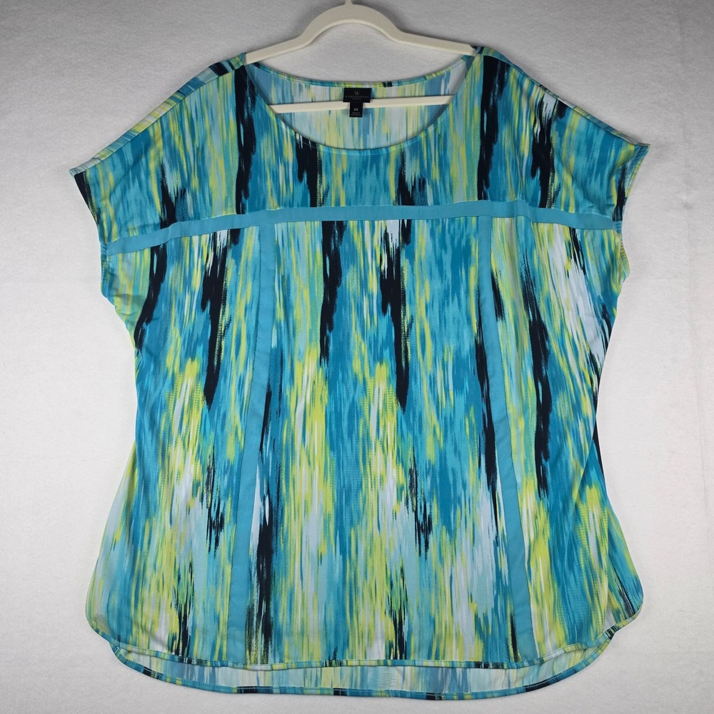 Worthington Woman Abstract Print Chiffon Detail Front Top Plus Size Blue Teal